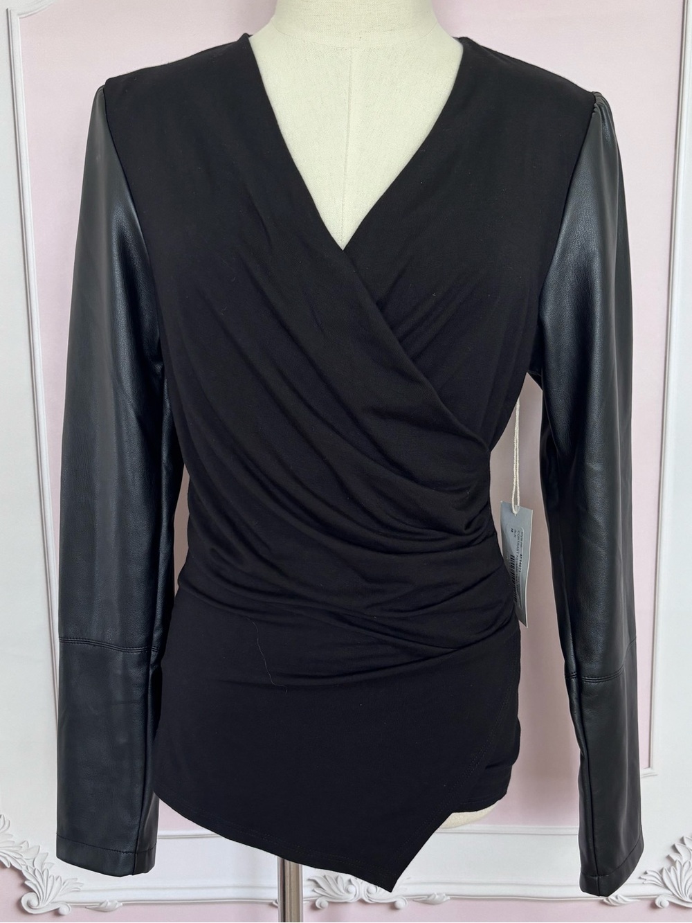 FIFTEEN TWENTY Black Faux Wrap Long Sleeve Asymmetric Top--NWT--M